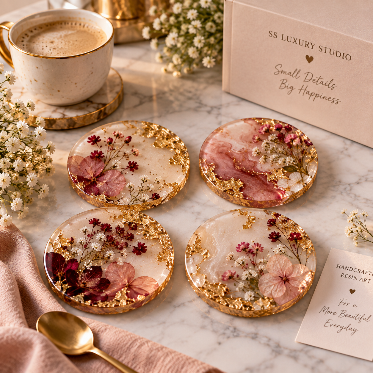 Blush Botanical Resin Coaster Set