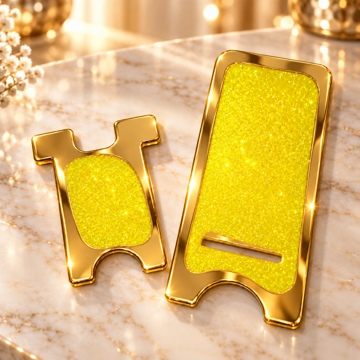 Golden Sunshine – Yellow & Gold Glitter Resin Mobile Stand
