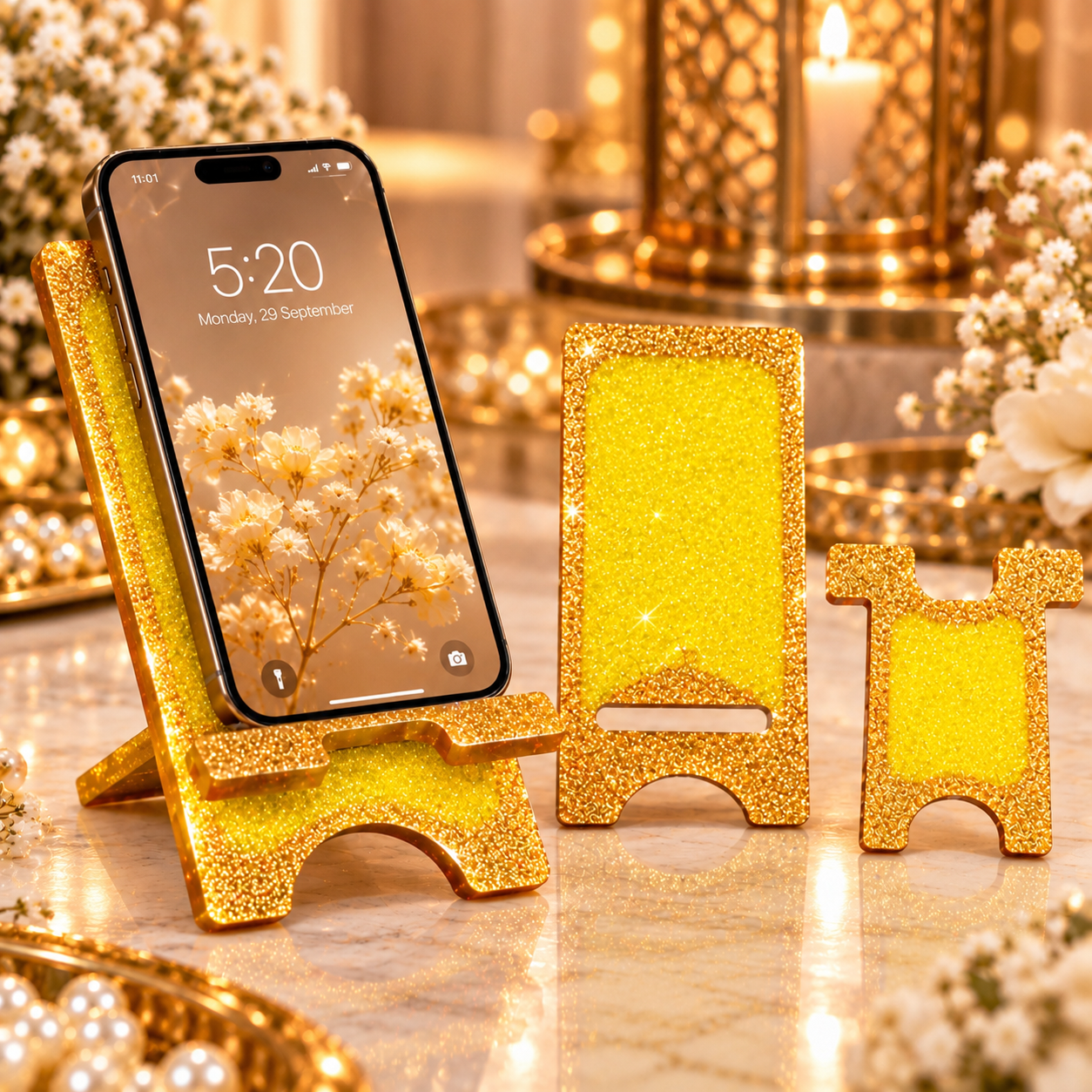 Golden Sunshine – Yellow & Gold Glitter Resin Mobile Stand - Top
