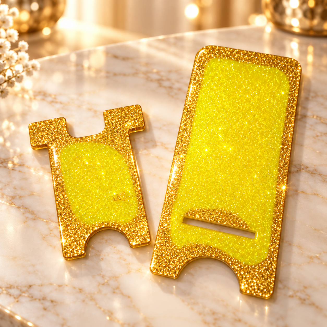 Golden Sunshine – Yellow & Gold Glitter Resin Mobile Stand - Top