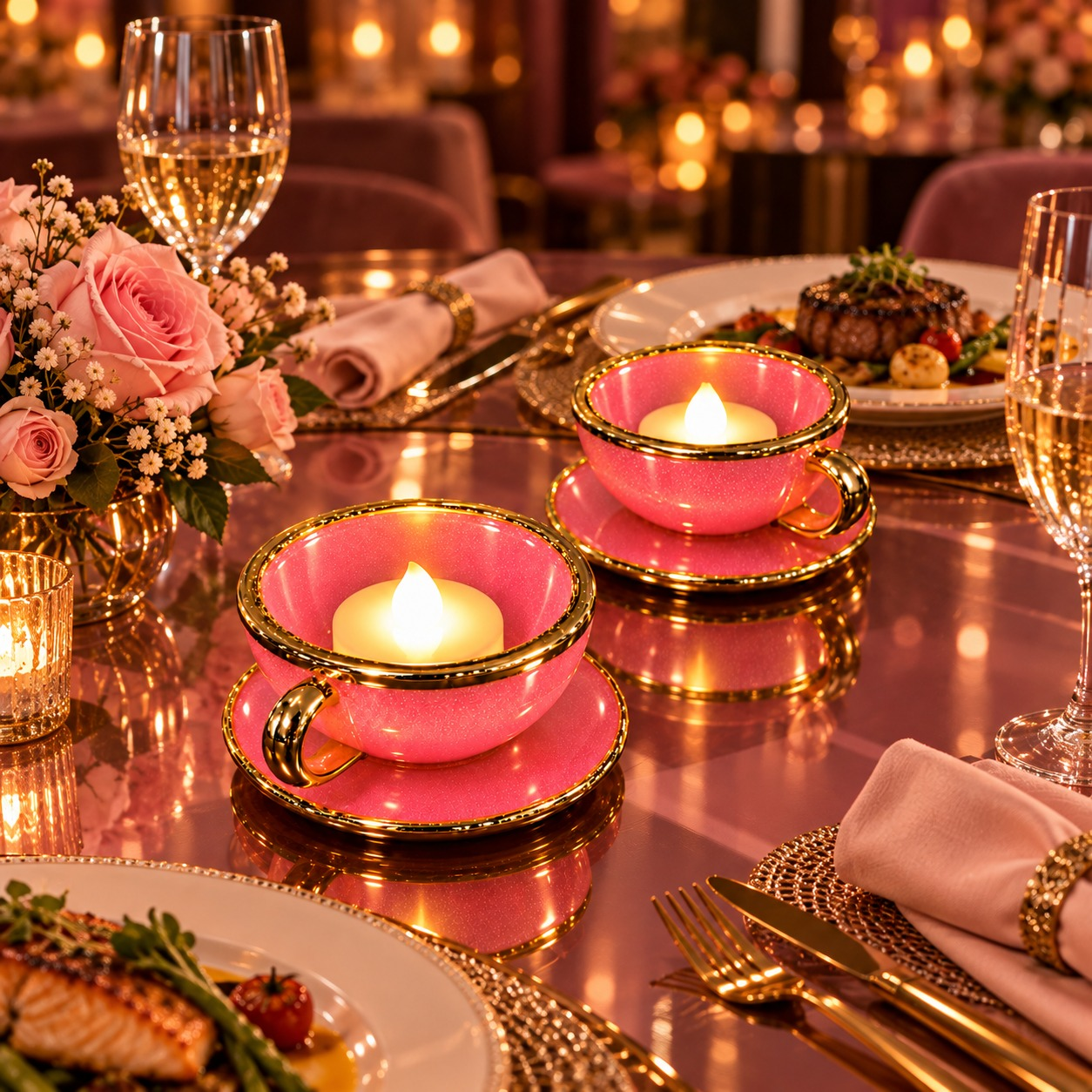 Rosé Radiance – LED Diya Cup & Saucer Set (Set of 2)