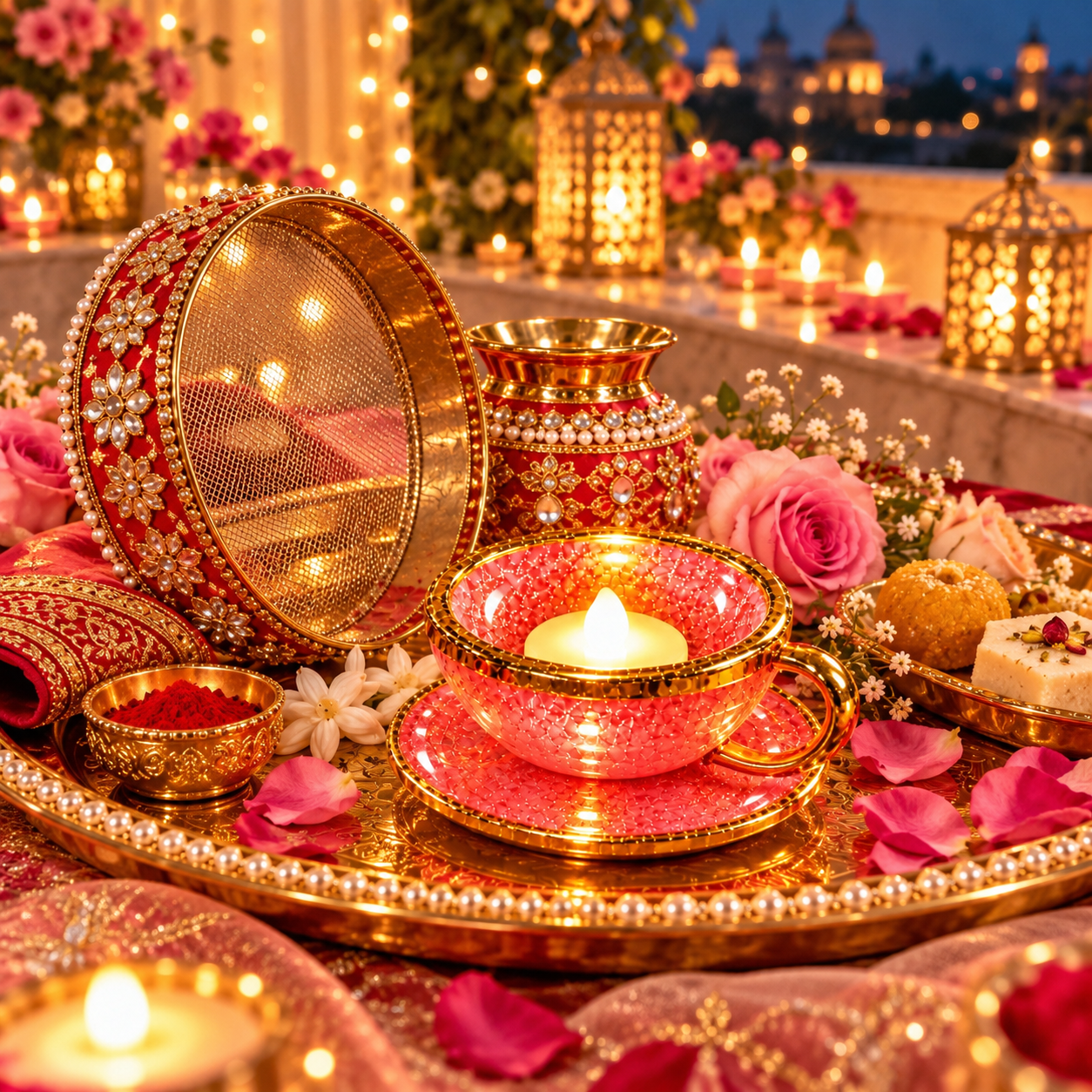 Rosé Radiance – LED Diya Cup & Saucer Set (Set of 2)