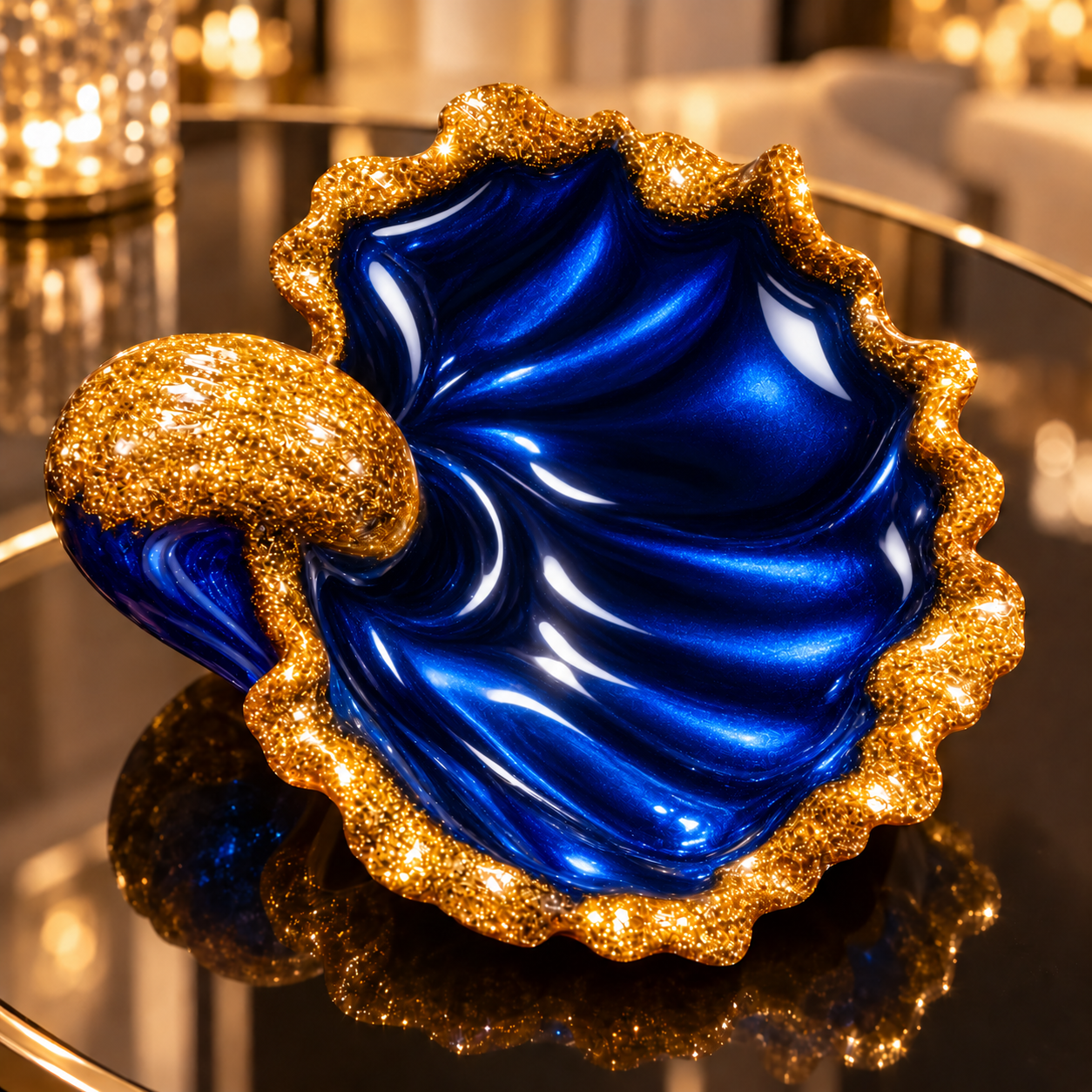 Sapphire Tide – Blue & Gold Sculptural Resin Decorative Bowl