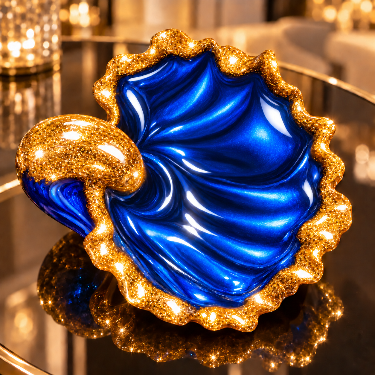 Sapphire Tide – Blue & Gold Sculptural Resin Decorative Bowl